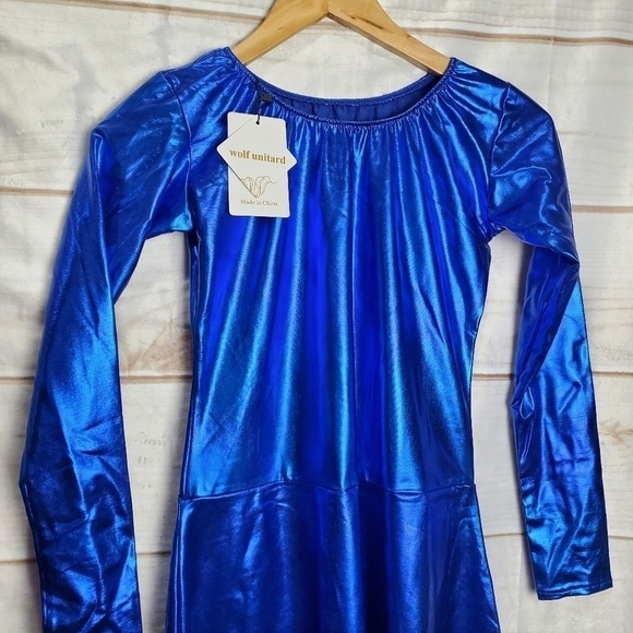 New Metallic Blue Bright Satin Stretch Fit Flare Dress Size Medium - Picture 2 of 10